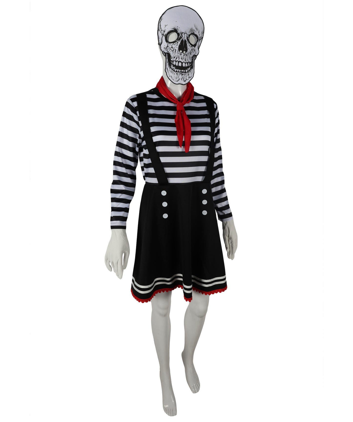 HPO Adult Women Mime Costume for Women | Black & White Striped Dress with Mask, Gloves & Tie Dress | Parisian Street Performer Outfit for Halloween, Cosplay & Theater