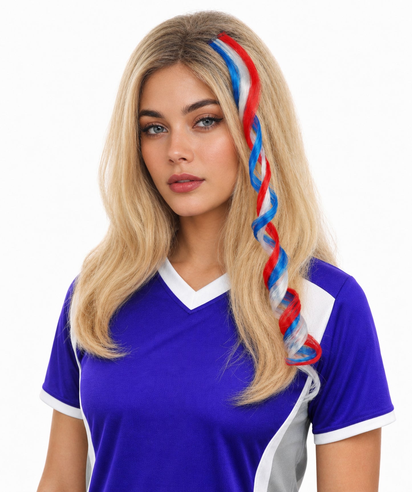 HPO Women's International Curly Hair Extension | Coiled red, white, and blue synthetic fibers featuring a twisted attachment design | Ideal for party, Halloween, cosplay, theater, drag, performance, costume events