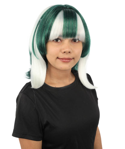 HPO Women's Geometric Character Wig | Deep emerald green with white accents, create of synthetic fiber, sleek straight bob with long framing strands, breathable base | Party, Halloween, theater, drag, performance, costume events