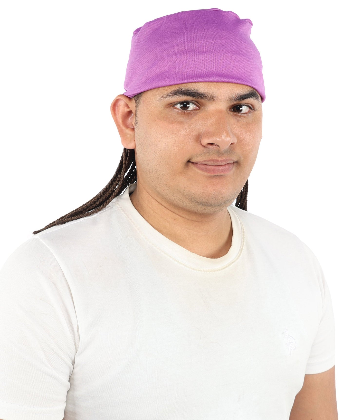 Men’s Movie Character Inspired Black Braided Wig with Purple Head Wrap Hat | Flame-retardant Synthetic Fiber | Ideal Hairpiece for Cosplay & Halloween