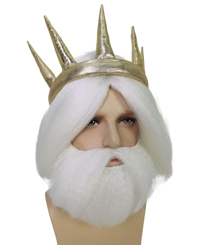 HPO Men’s Fantasy Character White Wig Beard & Mustache Set | Short Curly Hair Costume Accessory for Mythical Sea Roleplay, Festivals & Dress-Up Parties | Breathable Capless cap Design