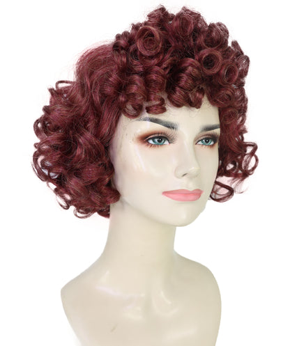 HPO Women’s 80s Retro Short Curly Brown Wig | Classic Vintage Hairstyle with Bangs | Synthetic Costume Hairpiece for Halloween, Cosplay, Theater & Parties