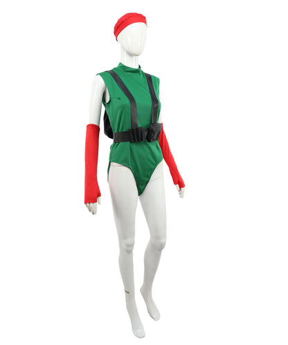 HPO Adult Elite Female Fighter Outfit | Green Bodysuit with Red Beret, Gloves & Black Belt Holster | Cosplay, Halloween & Role Play