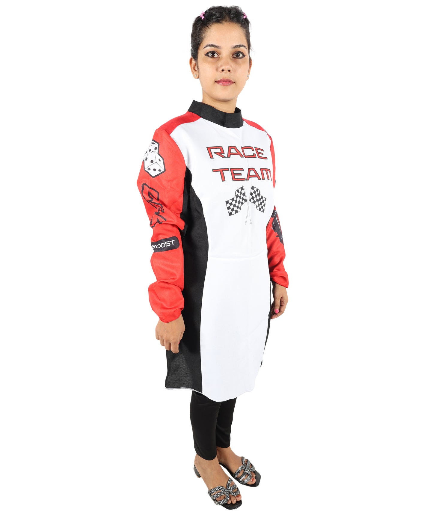 HPO Women’s Racing-Themed Costume | Black, White & Red Jumpsuit with Gloves | RONIOR Fabric 3-in-1 Outfit for Performance & Cosplay