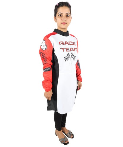 HPO Women’s Racing-Themed Costume | Black, White & Red Jumpsuit with Gloves | RONIOR Fabric 3-in-1 Outfit for Performance & Cosplay