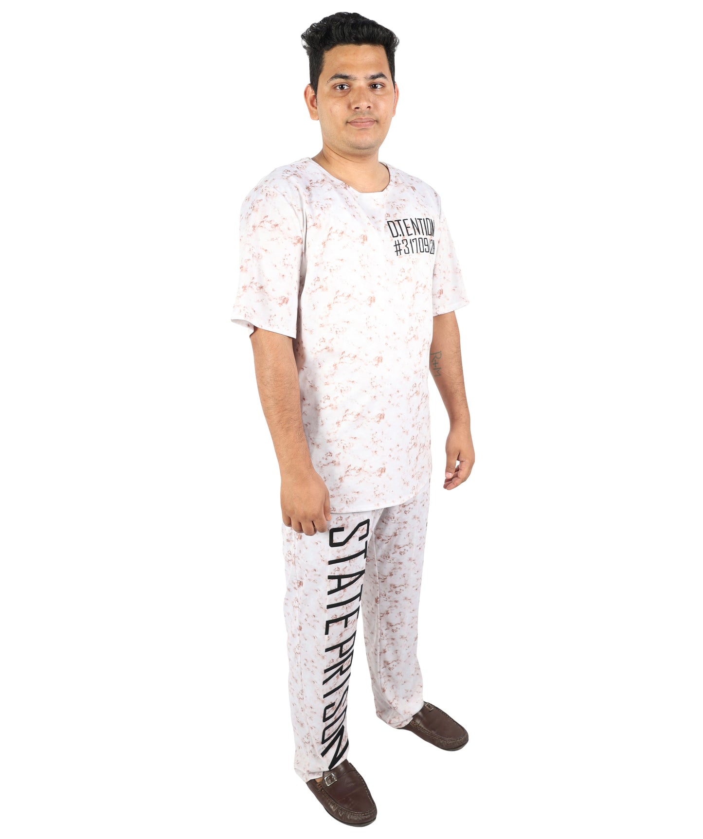 HPO Men's Asylum Inmate White Costume | Distressed State Penitentiary Jailbird Scrub Top and Trousers Combo | Halloween Horror Cosplay Theater Performance Wardrobe Piece