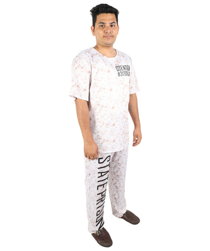 HPO Men's Asylum Inmate White Costume | Distressed State Penitentiary Jailbird Scrub Top and Trousers Combo | Halloween Horror Cosplay Theater Performance Wardrobe Piece