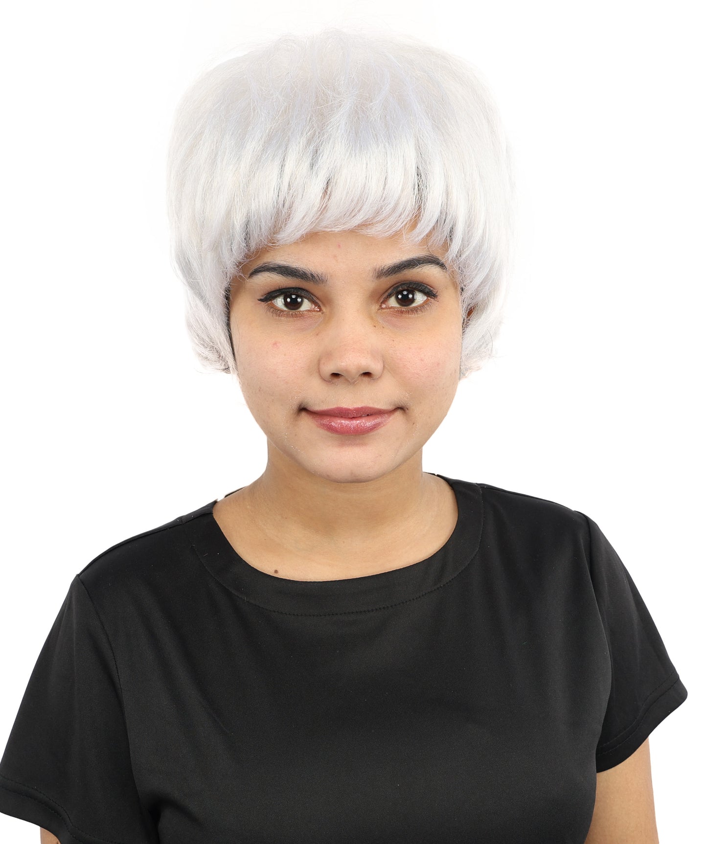HPO Women's Short Silver White Pixie Wig  | Edgy Layered Cut with Bangs | Synthetic Hair Wig for Stage Fashion, Cosplay, Halloween & Bold Party Looks