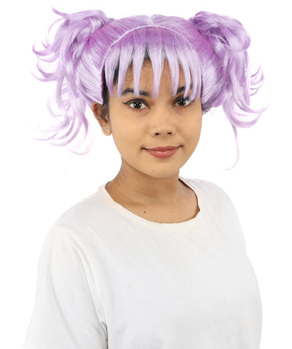 HPO Adult Women’s Messy Twin Bun Wig with Graphic Bangs | Multiple Color Options | Edgy Wig for Cosplay, Fashion Events, Halloween & Stage Wear | Adjustable Cap, Lightweight Synthetic Fiber