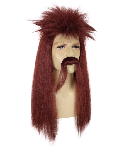 HPO Men's Long Mullet Hair Wig & Moustache Set – Retro Rocker Costume Accessory for Men