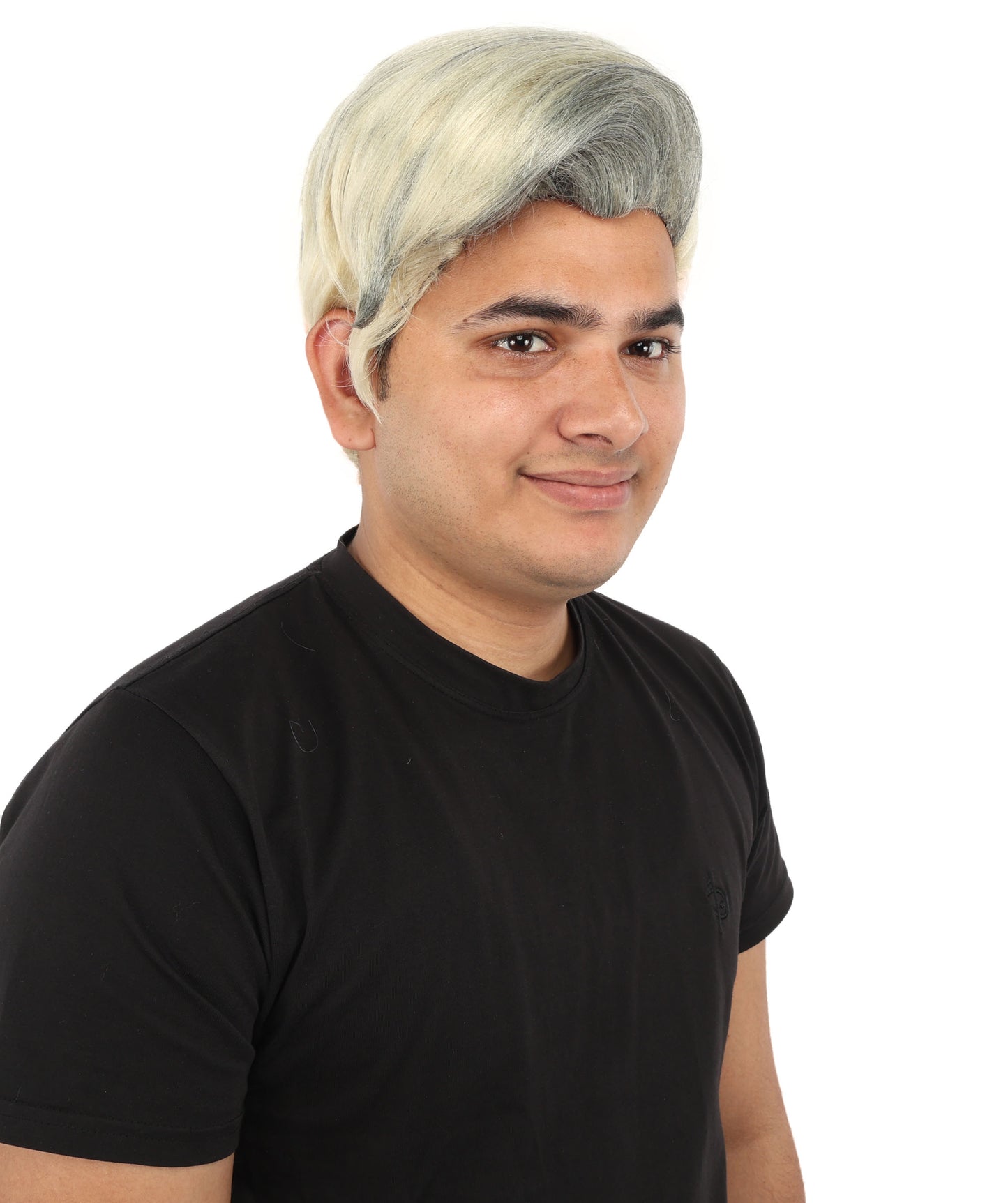 HPO Men's Sleek Updo Theatrical Wig | Icy silver tone, create of synthetic fiber, striking swept front volume, breathable base | Party, Halloween, theater, drag, performance, costume events