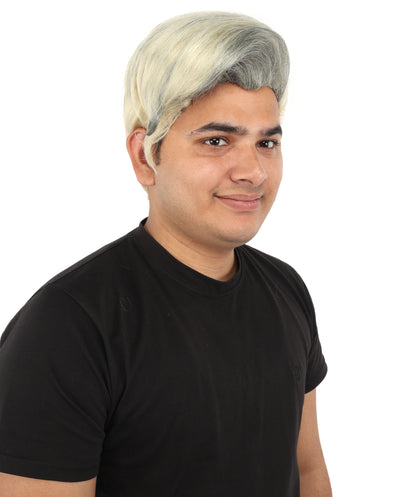 HPO Men's Sleek Updo Theatrical Wig | Icy silver tone, create of synthetic fiber, striking swept front volume, breathable base | Party, Halloween, theater, drag, performance, costume events