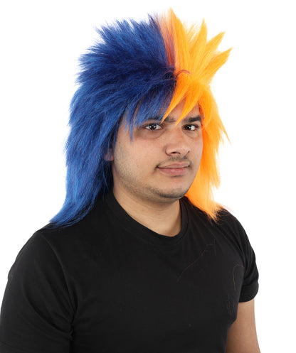HPO Men's Navy Blue and Orange Sports Wig | Split Color Spiky Shag Style Flame-retardant Synthetic Fiber | Halloween Themed Party American Football Fan Gear