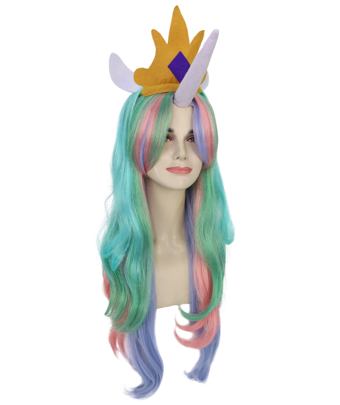 HPO Women’s Fantasy Unicorn-Inspired Long Pastel Rainbow Princess Wig with Horn and Crown | Halloween Wig | Flame-retardant Synthetic Fiber