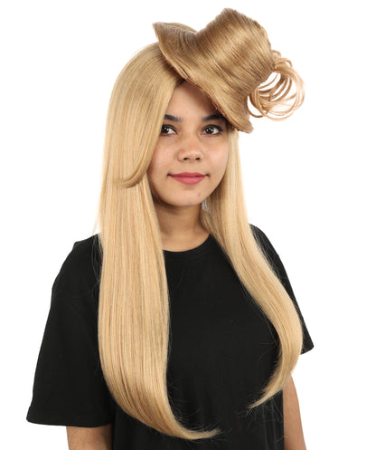 HPO Women's Sculpted Pillbox Hat Wig | Dark honey blonde hue, create of synthetic fiber, integrated 23-inch smooth straight volume with coiled fascinator texture, breathable base | Party, Halloween, theater, drag, performance, costume events