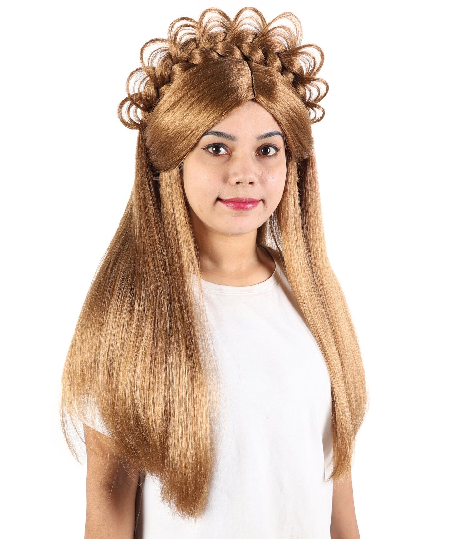HPO Women’s Extra Long Brown Wig with Loop Crown Headpiece | 27 Inch Straight Synthetic Hair with Decorative Loops for Halloween and Cosplay | Capless Cap Design