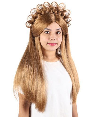 HPO Women’s Extra Long Brown Wig with Loop Crown Headpiece | 27 Inch Straight Synthetic Hair with Decorative Loops for Halloween and Cosplay | Capless Cap Design