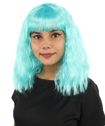 HPO Women's Short Wavy Bob wig | Vibrant aqua cyan, created of flame-retardant synthetic fiber, thick layered texture, breathable cap | Cosplay, drag, performance, themed events