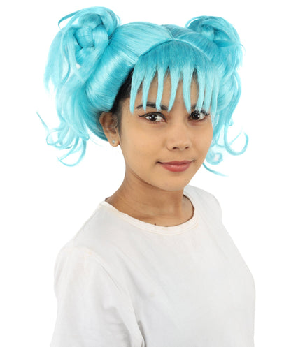 HPO Adult Women’s Messy Twin Bun Wig with Graphic Bangs | Multiple Color Options | Edgy Wig for Cosplay, Fashion Events, Halloween & Stage Wear | Adjustable Cap, Lightweight Synthetic Fiber
