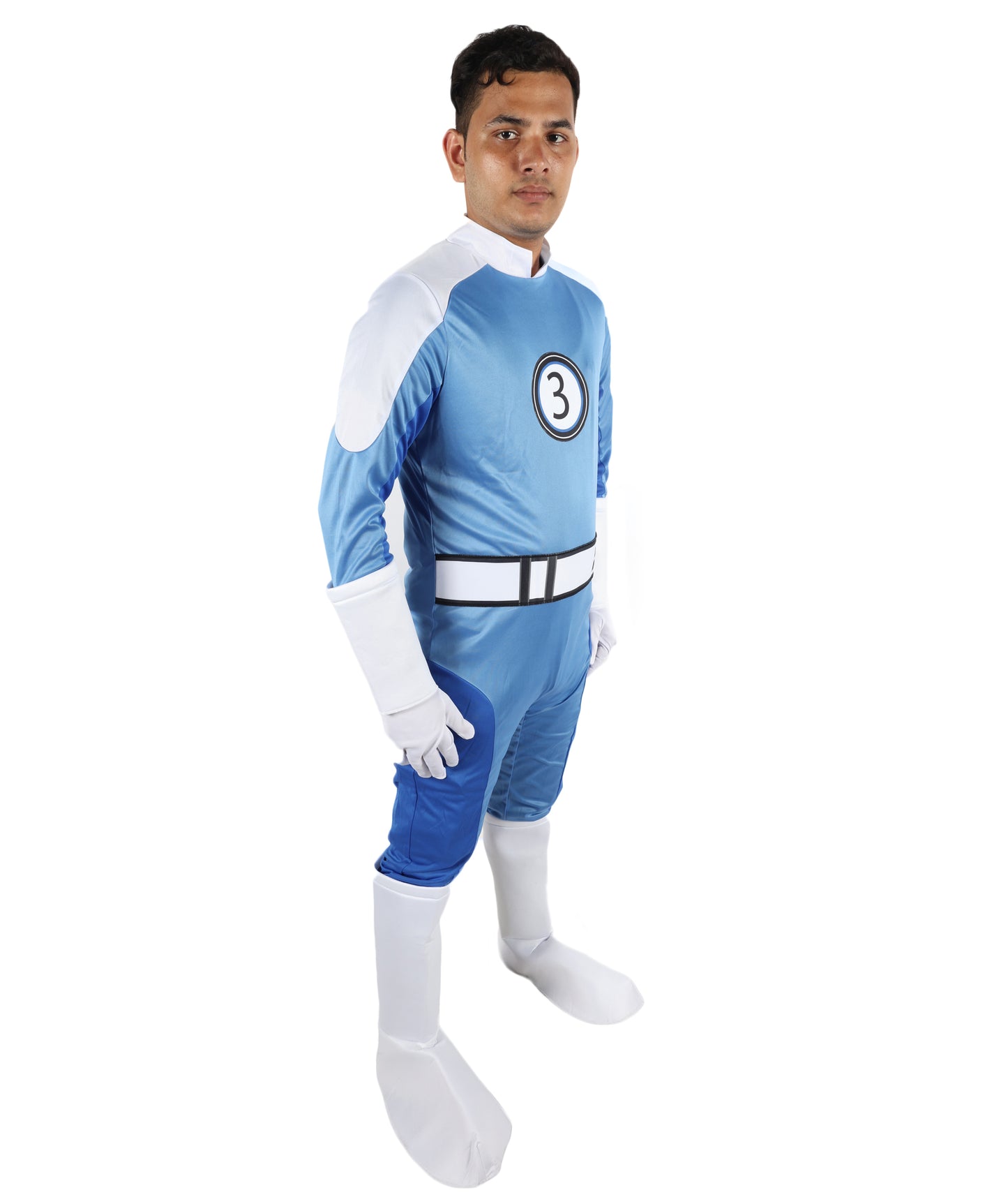 HPO Men’s Ultimate Sci-Fi Team Blue and White Costume | 3-in-1 Jersey Dress with Hand Gloves | 66.5" Length Futuristic Cosplay Outfit