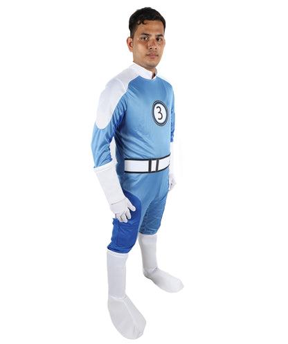 HPO Men’s Ultimate Sci-Fi Team Blue and White Costume | 3-in-1 Jersey Dress with Hand Gloves | 66.5" Length Futuristic Cosplay Outfit
