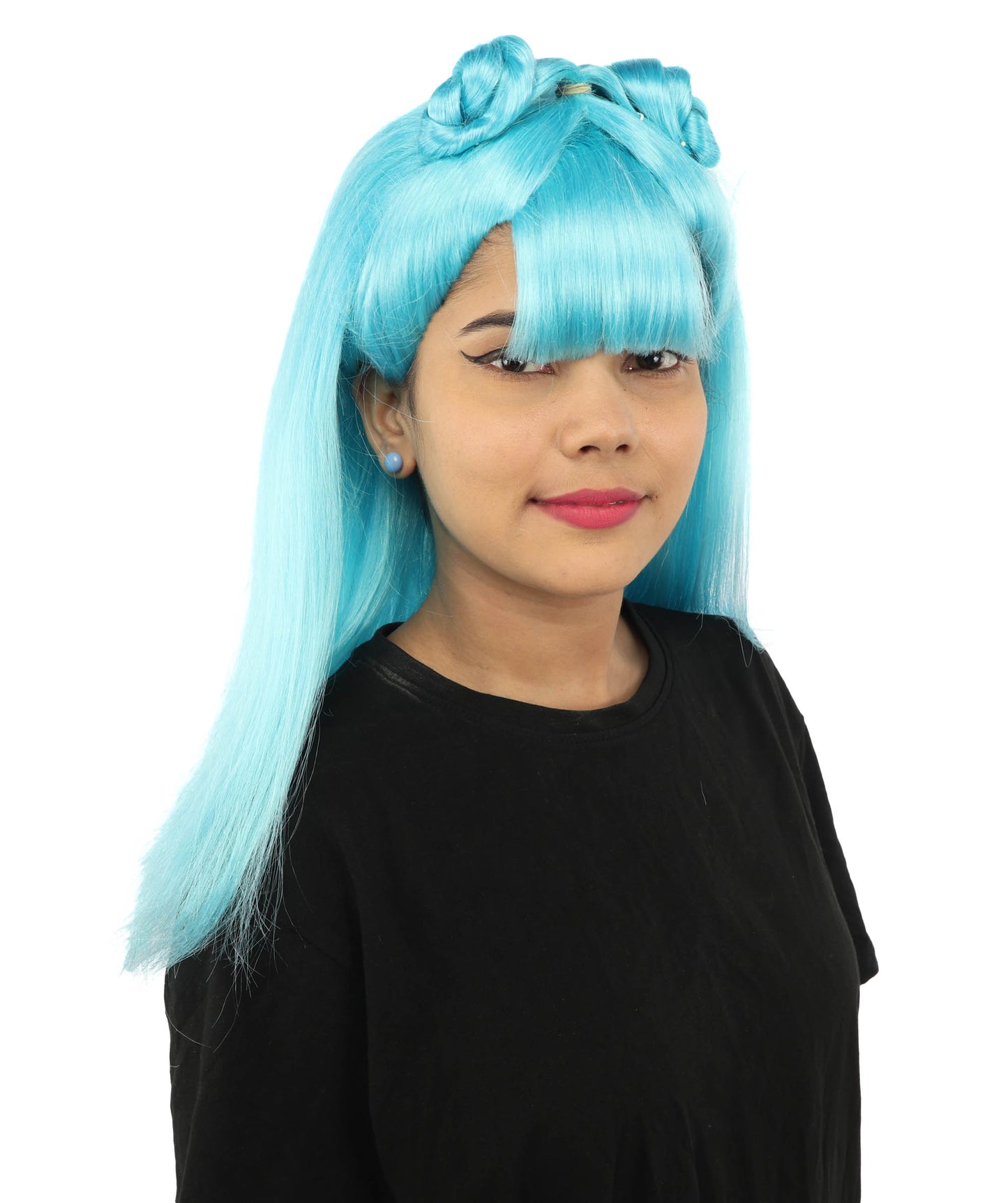 HPO Women's Brown & Pink Half Updo Bangs Wig | Create of synthetic fiber, blunt fringe with top bow, breathable base | Party, Halloween, theater, drag, performance, costume events