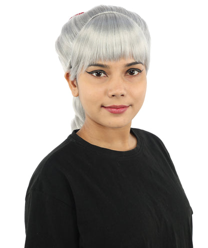 HPO Women's Spiral Ponytail Wig | Multicolor Options | High Updo with Red Ribbon Bow & Bangs, Heat Friendly Synthetic Fiber & Breathable Cap | Halloween, Christmas Event, Themed Party, Theater & Roleplay