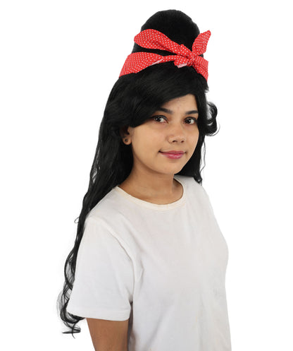 HPO Women’s Retro Beehive Wig with Red Bow | Multicolor Options | Extra Long Wavy Fancy Dress Accessory | Fancy Dress Accessory | Celebrity-Inspired Hair for Halloween, Cosplay & Music Tribute Parties