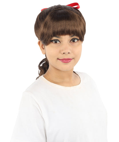 HPO Women's Spiral Ponytail Wig | Multicolor Options | High Updo with Red Ribbon Bow & Bangs, Heat Friendly Synthetic Fiber & Breathable Cap | Halloween, Christmas Event, Themed Party, Theater & Roleplay