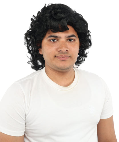 HPO Men’s 80s Light Brown Curly Mullet Wig | Flame-retardant Synthetic Fiber | Retro Movie Character Inspired Hairpiece for Cosplay & Halloween