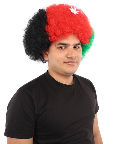 HPO Unisex Jordan Flag Clown Wig – Curly Red, Black, and Green Sport Hairpiece | Ideal for  National Celebrations & Parties