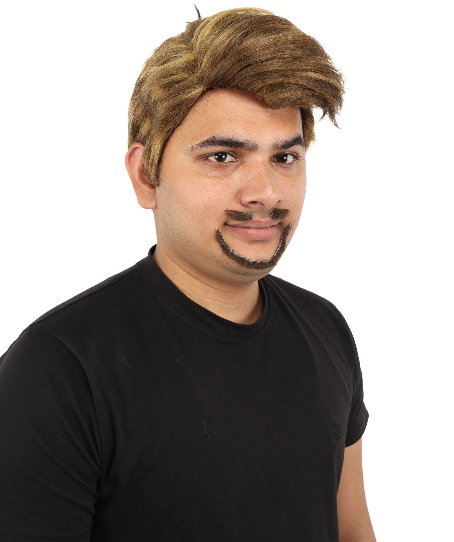 HPO Men's Detective Side-Part Wig Beard & Mustache | Sandy brown with golden highlights, create of synthetic fiber, sleek swept-side volume, breathable capless cap |