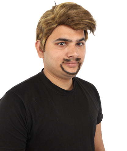 HPO Men's Detective Side-Part Wig Beard & Mustache | Sandy brown with golden highlights, create of synthetic fiber, sleek swept-side volume, breathable capless cap |