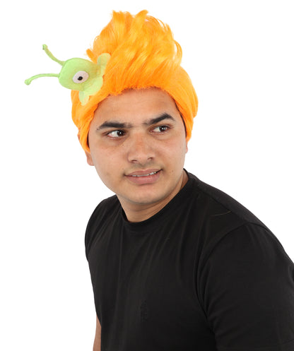 HPO Men's Brain Slug Orange Wig | Medium Spiked Synthetic Hair with Attached Green Alien Plush and Messy Texture | Sci-Fi Cosplay, Halloween, Cartoon Theme Party, and Funny Costume Accessories
