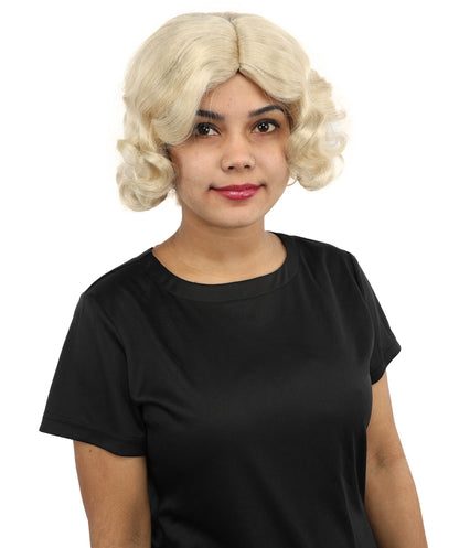 HPO Women’s Medium Length Blonde Curly Retro Wig – 11 Inch Retro Vintage Style Wig with Waves | Inspired by Timeless Music Star Look for Halloween and Cosplay