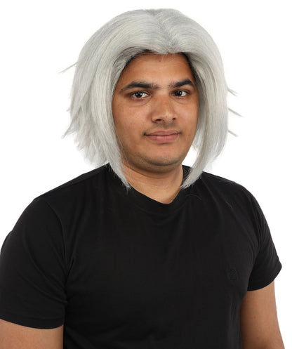 HPO Men's Two Tone Black & White Layered Anime Hair | Frosted Tips Messy Style, Natural Matte Finish, Adjustable Interior Net & Durable Strands | Carnival, Dress Up, Fantasy Conventions, Theater & Photo Shoots