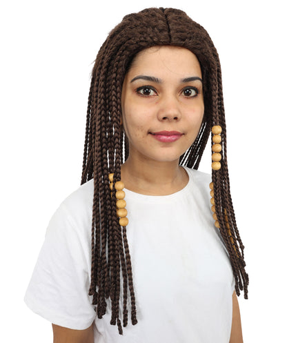 HPO Women's Fantasy Tribal Warrior Wig with Braids & Beads | Long Brown Synthetic Hairpiece with Adjustable Cap for Cosplay, Halloween & Roleplay