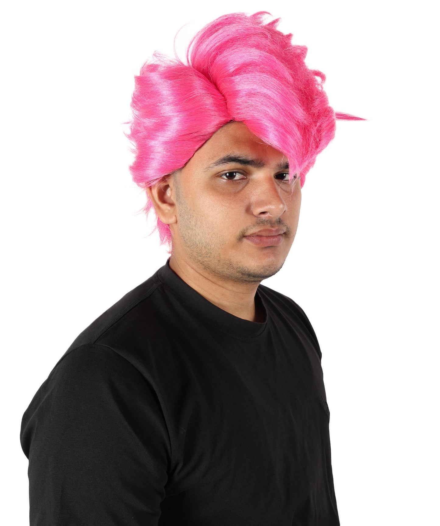 HPO Men’s Short Spiky Pink Wig | Anime-Inspired Voluminous Hairstyle | Adjustable Fit for Stage, Parties & Roleplay