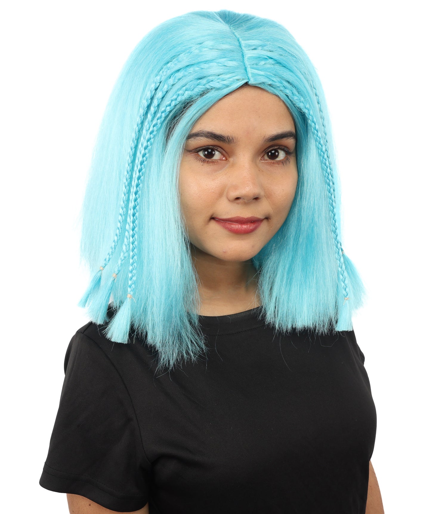 HPO Celebrity-Style 11 Inch Green Rooted Blonde Front Braided Straight Wig | Shoulder-Length Fun, Bold, and Stylish Hairpiece  | Ideal for Halloween, Cosplay, and Themed Parties
