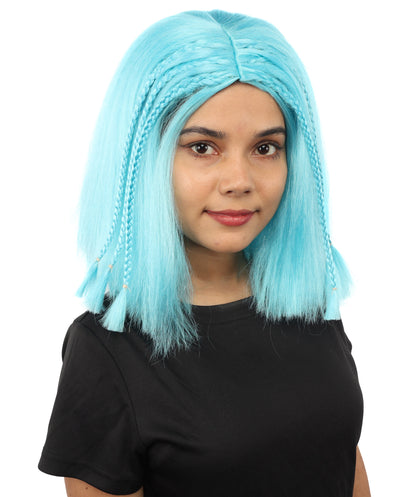 HPO Celebrity-Style 11 Inch Green Rooted Blonde Front Braided Straight Wig | Shoulder-Length Fun, Bold, and Stylish Hairpiece  | Ideal for Halloween, Cosplay, and Themed Parties