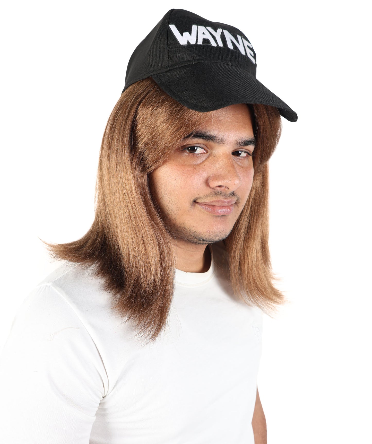 HPO Men’s Brown Retro Wig with Black Slogan Cap | Straight Layered Hair Accessory for Parties, Cosplay & Dress-Up Looks | Lightweight Capless Cap Design