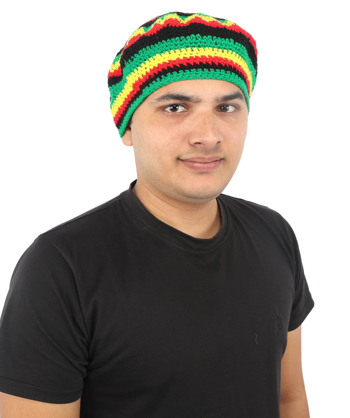 HPO Red Yellow Green Striped Rasta Beanie Hat Rainbow Knit Cap - Knitted Rainbow Headwear with Black Accents Rounded Relaxed Fit for Halloween Cosplay Parties & Events