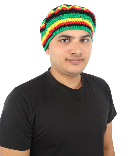 HPO Red Yellow Green Striped Rasta Beanie Hat Rainbow Knit Cap - Knitted Rainbow Headwear with Black Accents Rounded Relaxed Fit for Halloween Cosplay Parties & Events