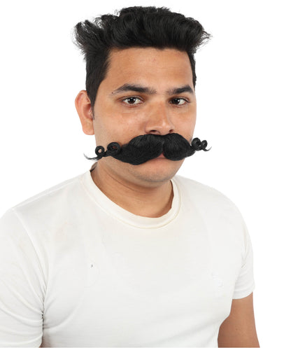 HPO Men’s Brown Curled Handlebar Mustache – Vintage Style Fake Facial Hair for Retro Characters | Ideal for Halloween, Cosplay and Themed Parties