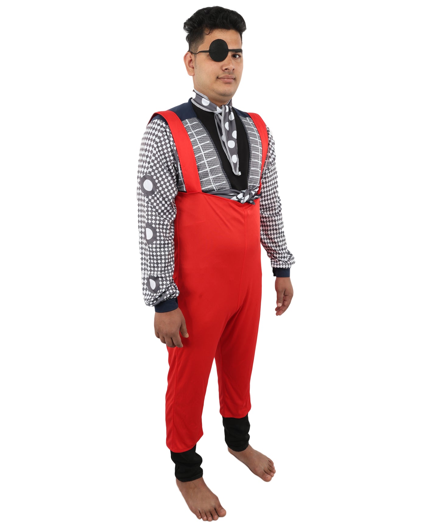 HPO Men's Retro Glam Rock Multicolor Costume | Red Overalls and Starry Shirt with Scarf and Eyepatch | Ideal for Halloween, Theater, Drag, and 70s Music Events