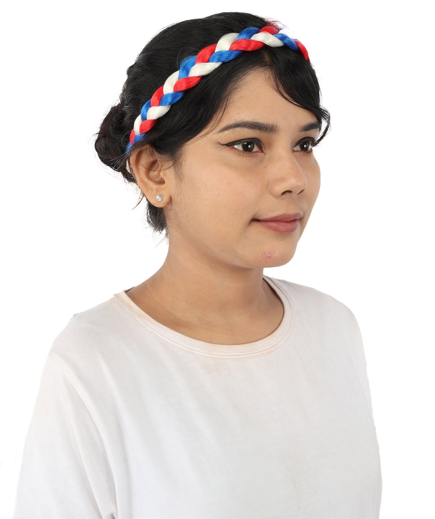 HPO Women's Multinational Braided Hairband | Textured red, white, and blue synthetic fibers woven into a twisted headband with elastic backing | Ideal for party, Halloween, cosplay, theater, drag, performance, costume events