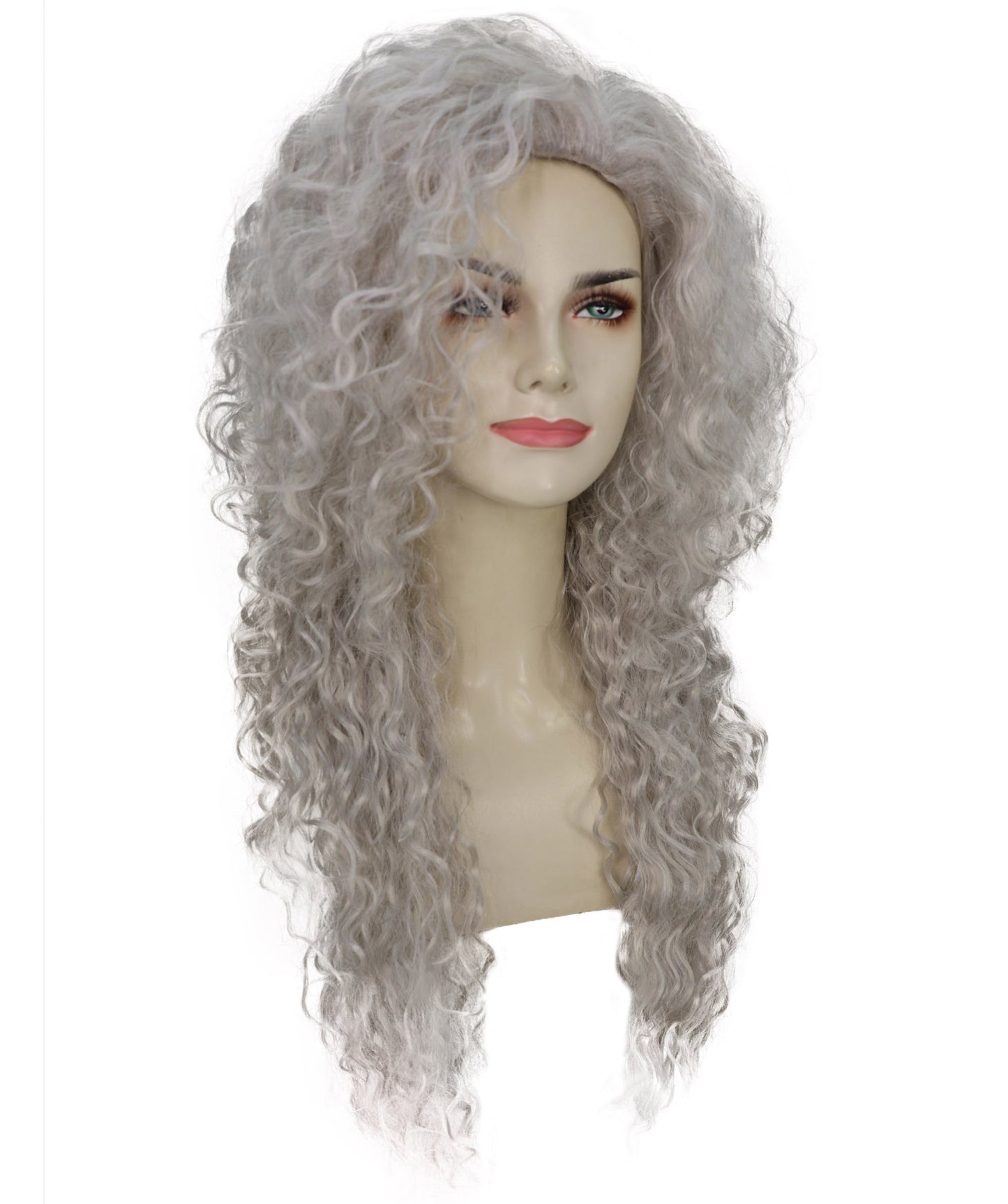 HPO Women’s 27 Inch Long Curly Silver Grey Mermaid Wig | Fantasy Wig for Halloween Parties Breathable Cap