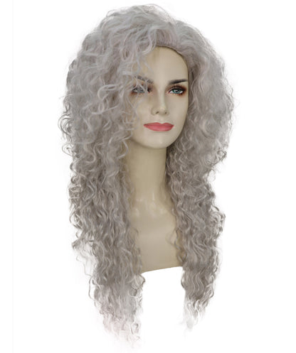HPO Women’s 27 Inch Long Curly Silver Grey Mermaid Wig | Fantasy Wig for Halloween Parties Breathable Cap