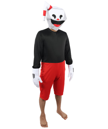 HPO Men's Vintage Toon Cup Red & Black Costume | Soft Fabric Construction Featuring Straw Accent Mask and Shorts | Versatile for Stage Shows, Carnival Events, and Character Parties