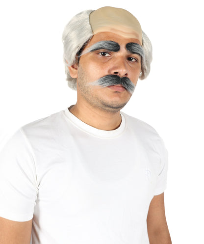 HPO Old Men's Short Dark Grey Wig Mustache & Eyebrows Set with Bald Cap | Funny Grandpa Cosplay Wig | Flame-retardant Synthetic Fiber